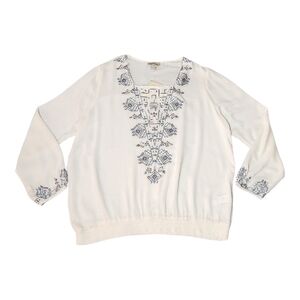 Lucky Brand Womens XL Ivory Boho Blouse Embroidered Peasant Top